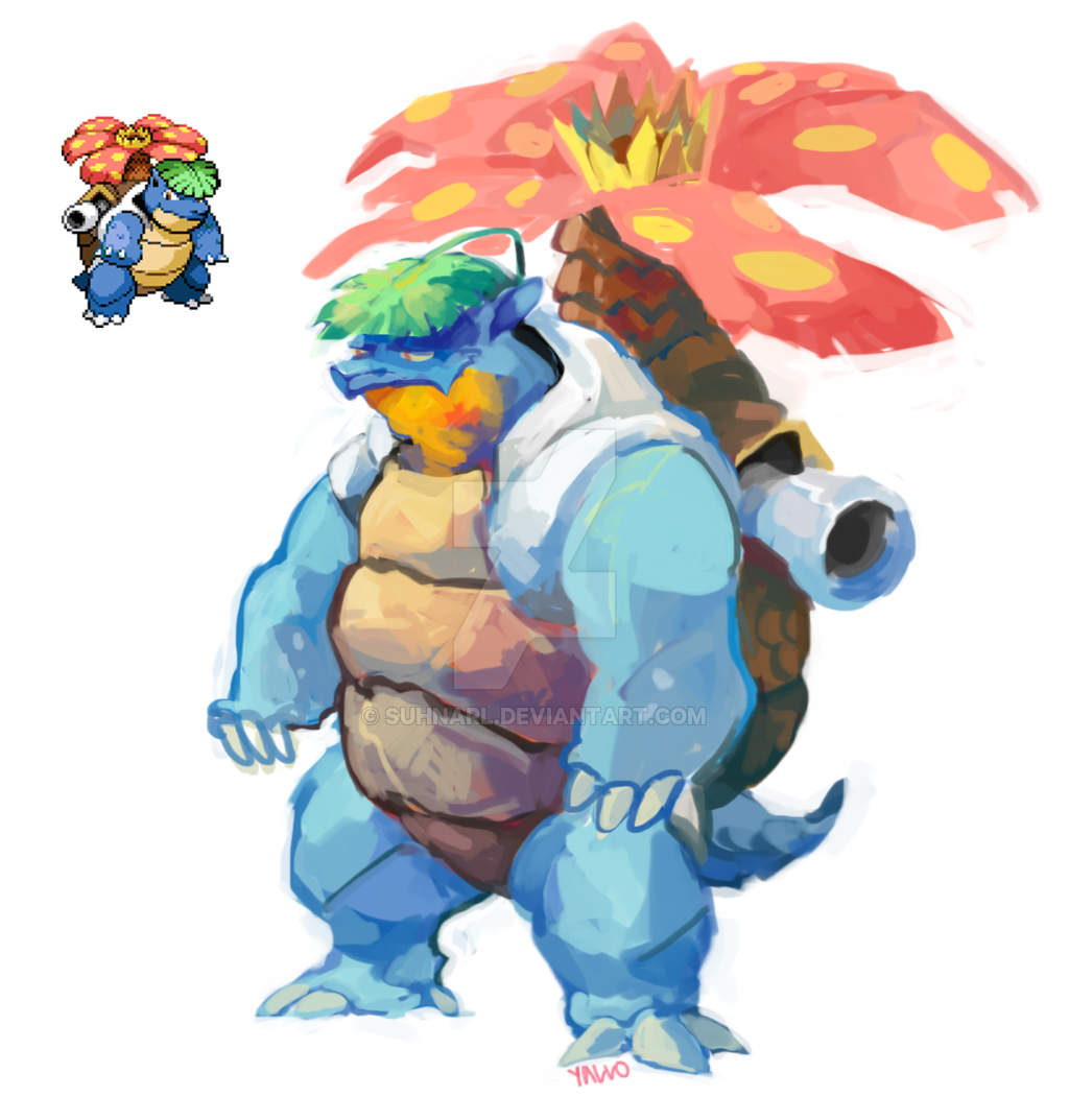 blastoise closed_mouth commentary english_commentary fusion gen_1_pokemon no_humans pokemon shell standing suhnarl venusaur venustoise watermark web_address