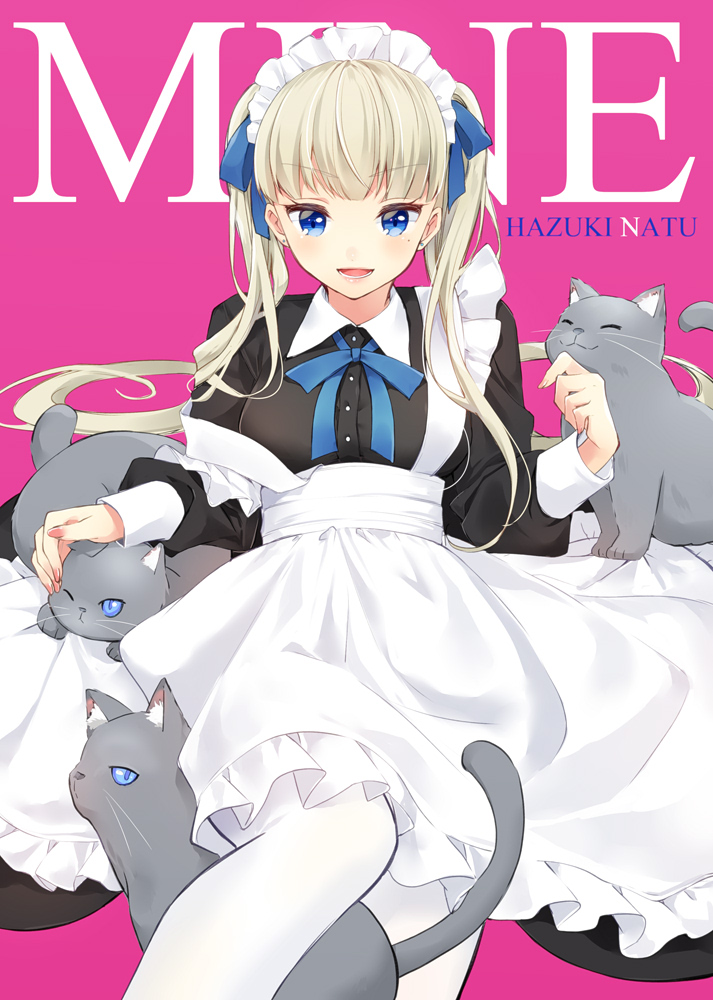 1girl :d animal apron artist_name blonde_hair blue_eyes blue_neckwear blue_ribbon cat clenched_hand commentary_request cover cover_page doujin_cover dress earrings eyebrows_visible_through_hair hair_ribbon hazuki_natsu jewelry long_hair long_sleeves looking_at_viewer maid maid_headdress mole mole_under_eye nail_polish neck_ribbon open_mouth original pantyhose petting pink_background pink_nails ribbon smile solo v-shaped_eyebrows white_apron white_legwear