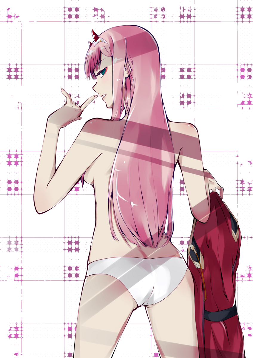 1girl aqua_eyes ass bangs breasts clothes_removed commentary_request darling_in_the_franxx druisthe from_behind hair_over_breasts hairband highres holding_clothes horns index_finger_raised long_hair looking_at_viewer looking_back medium_breasts panties pink_hair red_horns solo standing topless underwear uniform white_hairband white_panties zero_two_(darling_in_the_franxx)