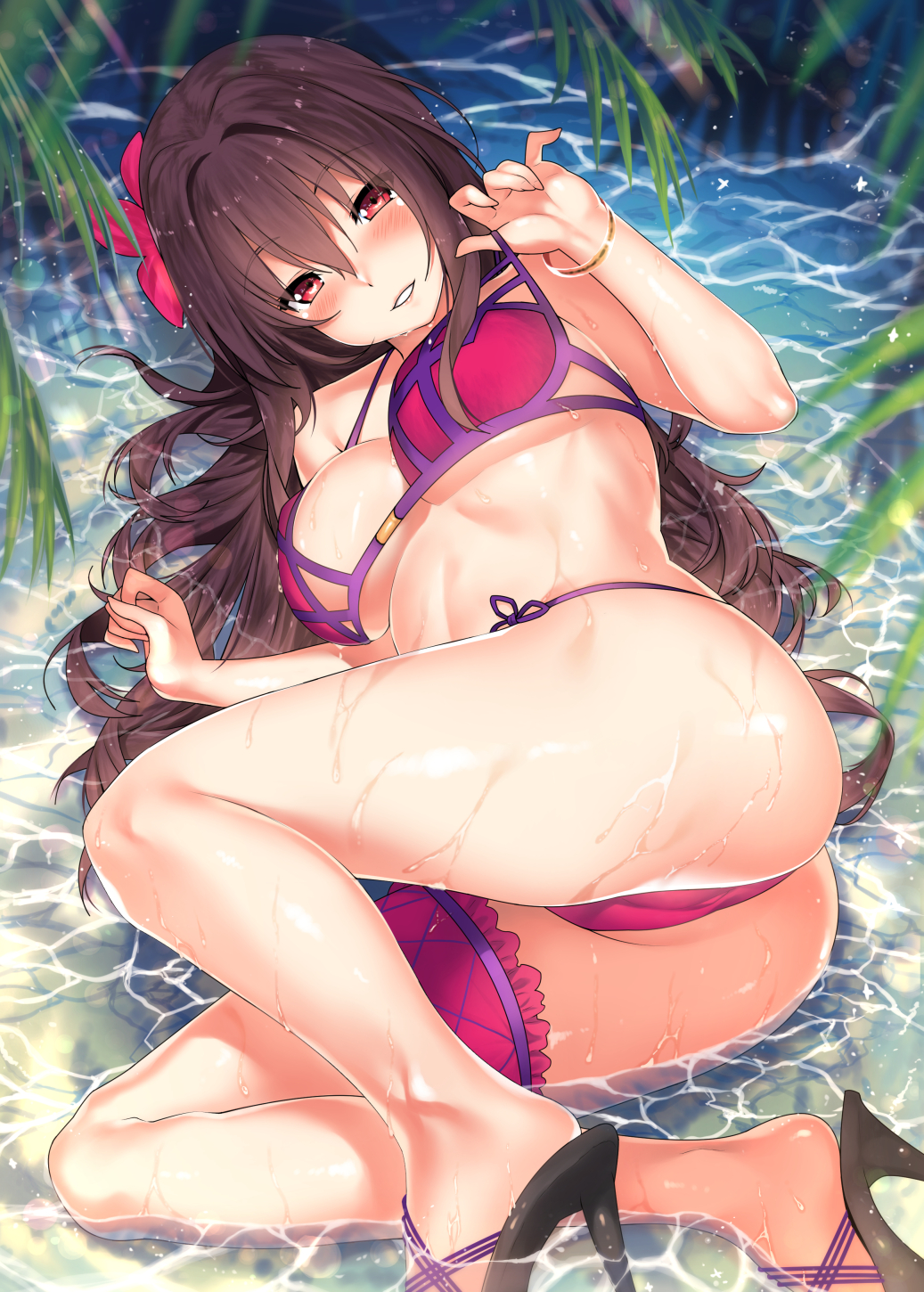 1girl ass bangs bare_shoulders bikini blush bracelet breasts cleavage collarbone fate/grand_order fate_(series) flower hair_between_eyes hibiscus high_heels highres jewelry kawai large_breasts leg_garter legs long_hair looking_at_viewer lying navel on_side pink_bikini purple_hair red_eyes scathach_(fate/grand_order) scathach_(swimsuit_assassin)_(fate) smile solo strap_pull swimsuit thighs waist water wet