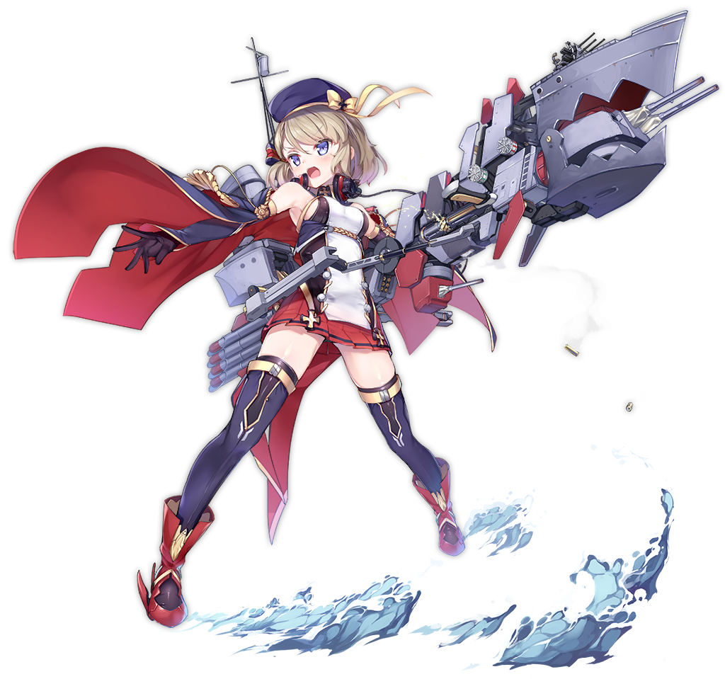 1girl arms_at_sides artist_request azur_lane beret boots brown_hair cannon cape full_body gloves hat holding holding_weapon military military_uniform official_art open_mouth ribbon short_hair sleeveless solo thigh-highs torpedo_tubes transparent_background uniform violet_eyes weapon z23_(azur_lane)