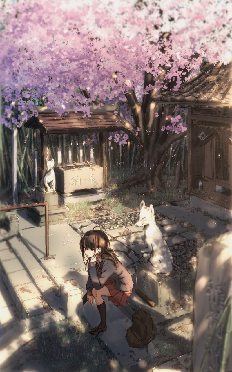 1girl ahoge backpack bag black_legwear brown_eyes brown_hair cherry_blossoms closed_mouth day eyebrows_visible_through_hair highres kneehighs looking_away original outdoors railing red_skirt sahara386 scenery school_uniform sitting skirt solo spring_(season) stairs statue translation_request twintails