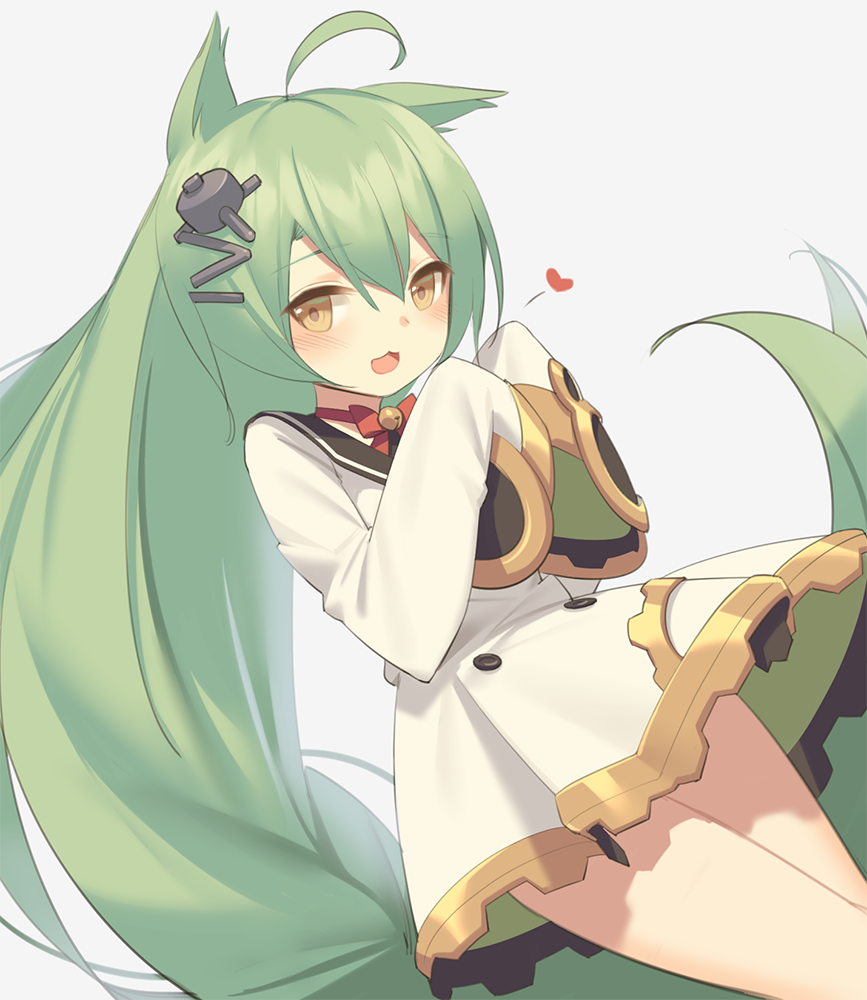 1girl absurdly_long_hair ahoge animal_ears azur_lane blush brown_eyes dog_ears eyebrows_visible_through_hair green_hair hair_ornament long_hair looking_at_viewer open_mouth sleeves_past_wrists smile solo very_long_hair yura_(botyurara)