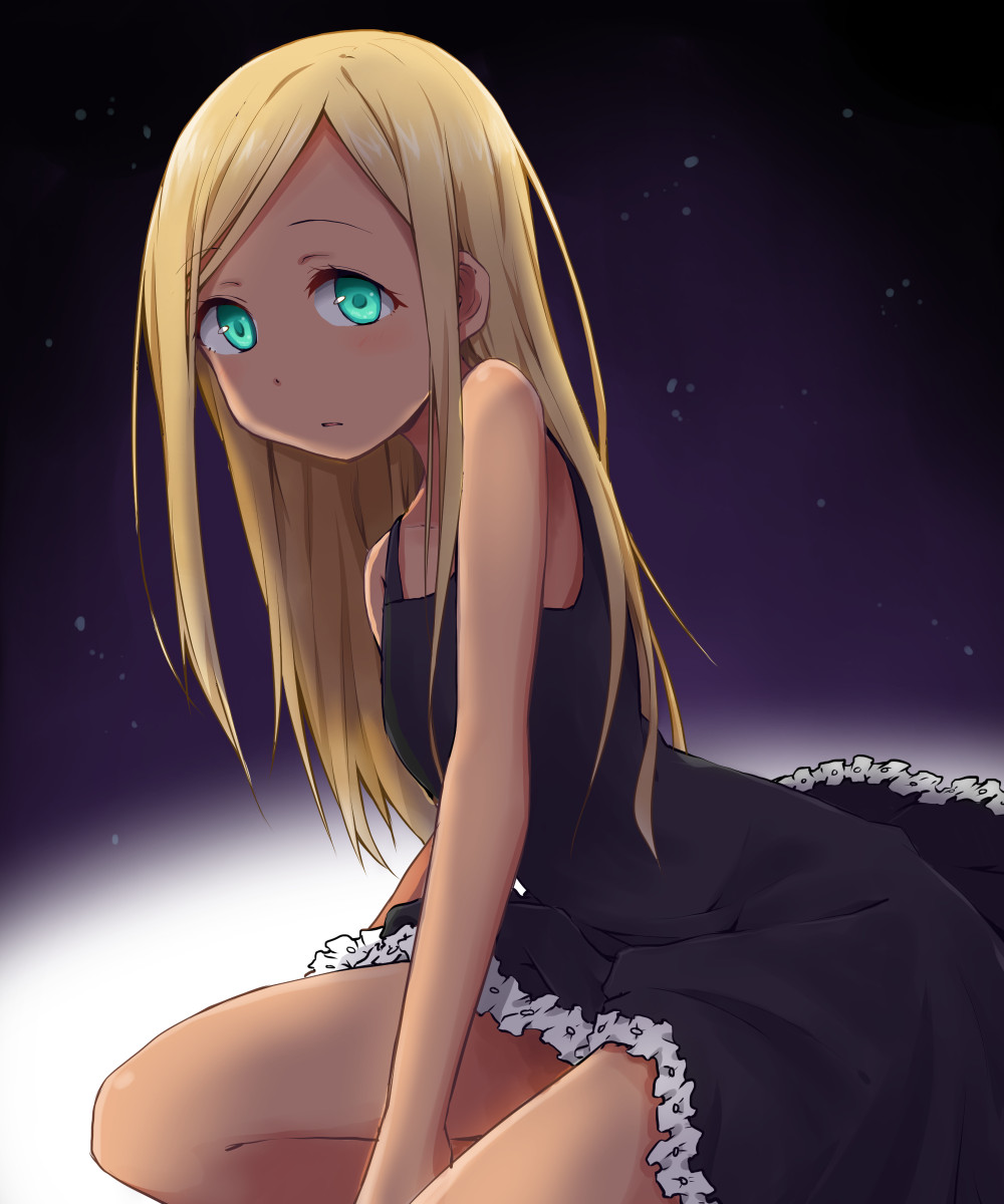 1girl aqua_eyes bare_arms bare_shoulders between_legs black_dress blonde_hair collarbone dark_skin dress eyebrows_visible_through_hair eyelashes hand_between_legs highres idolmaster idolmaster_cinderella_girls kagiana layla_(idolmaster) long_hair looking_at_viewer open_mouth solo straight_hair tareme