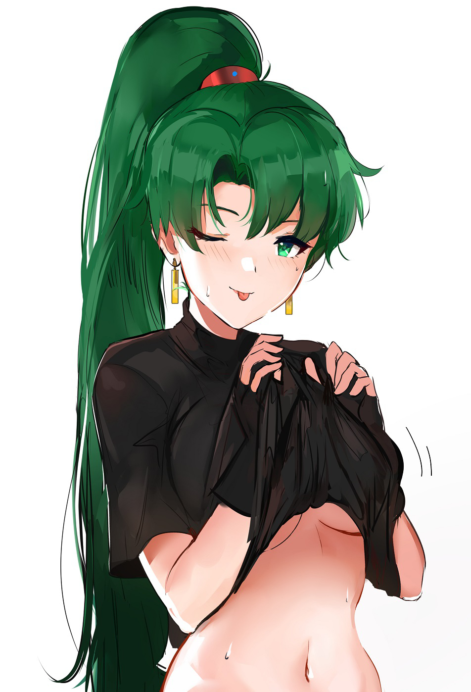 1girl :p black_shirt blush breasts earrings fire_emblem fire_emblem:_rekka_no_ken green_eyes green_hair highres jewelry large_breasts long_hair looking_at_viewer lyndis_(fire_emblem) navel one_eye_closed ormille ponytail shirt shirt_lift solo sweat tongue tongue_out under_boob very_long_hair