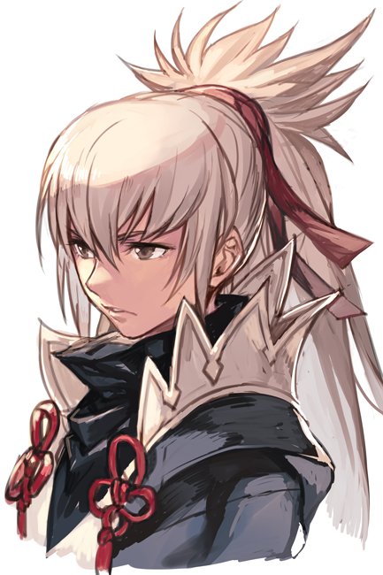 1boy brown_eyes brown_ribbon ears_visible_through_hair fire_emblem fire_emblem_if grey_hair hair_between_eyes hair_ribbon hankuri long_hair looking_away parted_lips ribbon solo takumi_(fire_emblem_if)