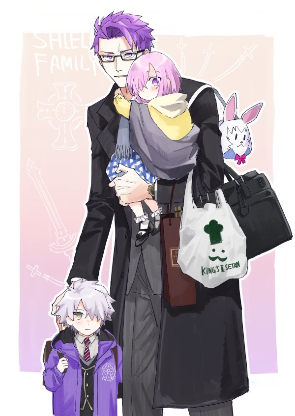 1girl 2boys bespectacled carrying child contemporary dress fate/grand_order fate_(series) father_and_son fou_(fate/grand_order) galahad_(fate) glasses hair_over_one_eye lancelot_(fate/grand_order) lavender_hair mash_kyrielight multiple_boys plaid purple_hair school_uniform short_hair violet_eyes white_hair yellow_eyes younger