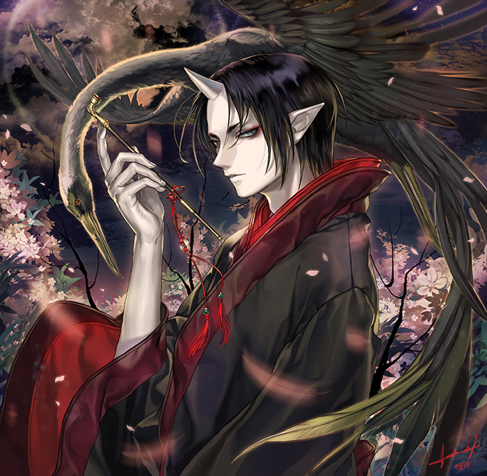 1boy akgi bird black_hair flower green_eyes holding holding_pipe hoozuki_(hoozuki_no_reitetsu) hoozuki_no_reitetsu horn japanese_clothes looking_at_viewer male_focus oni_horn outdoors parted_lips pink_flower pipe red_string solo string wings