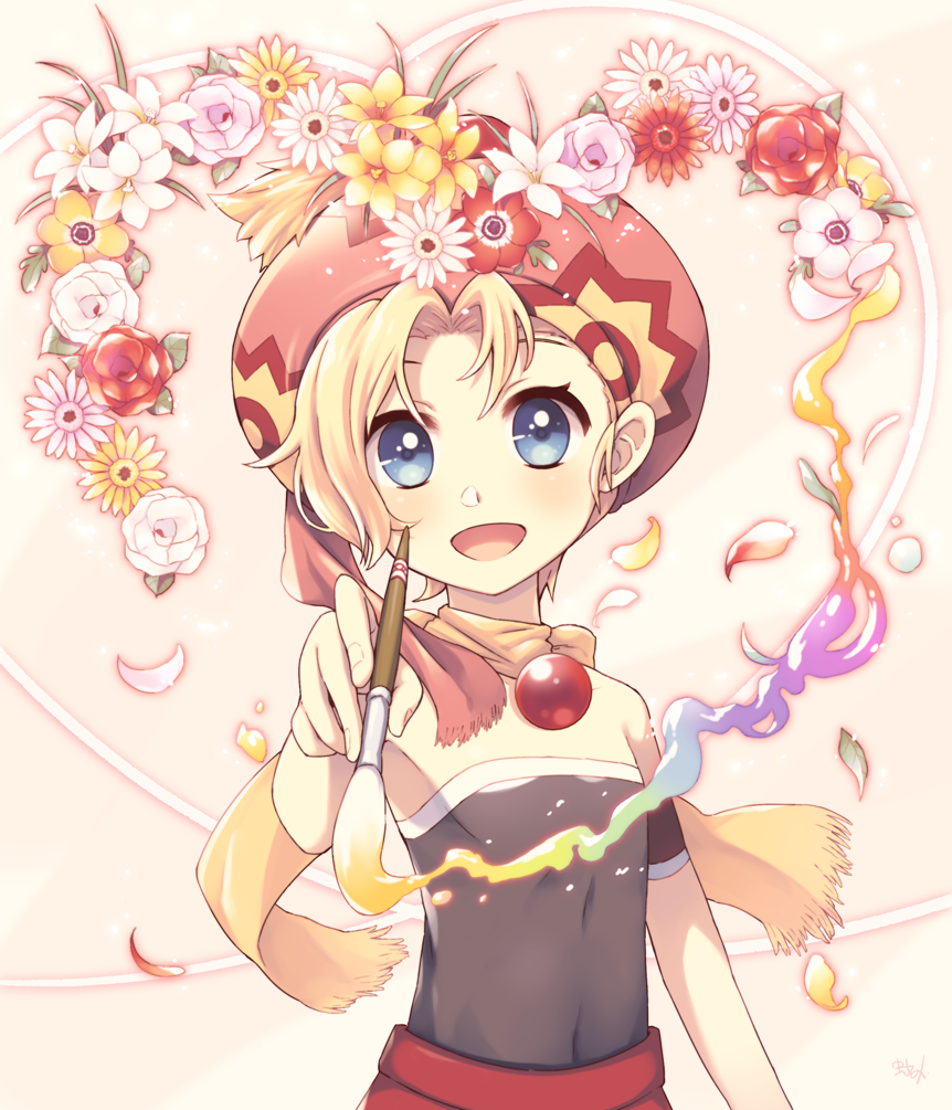 1girl :d bare_shoulders black_shirt blonde_hair blue_eyes cabbie_hat covered_navel final_fantasy final_fantasy_vi fingernails flat_chest flower hair_intakes hat holding holding_paintbrush kano_hito leaf looking_at_viewer open_mouth paint paintbrush petals pink_flower pink_hat red_flower relm_arrowny scarf shirt short_hair smile solo upper_body white_flower yellow_flower yellow_scarf