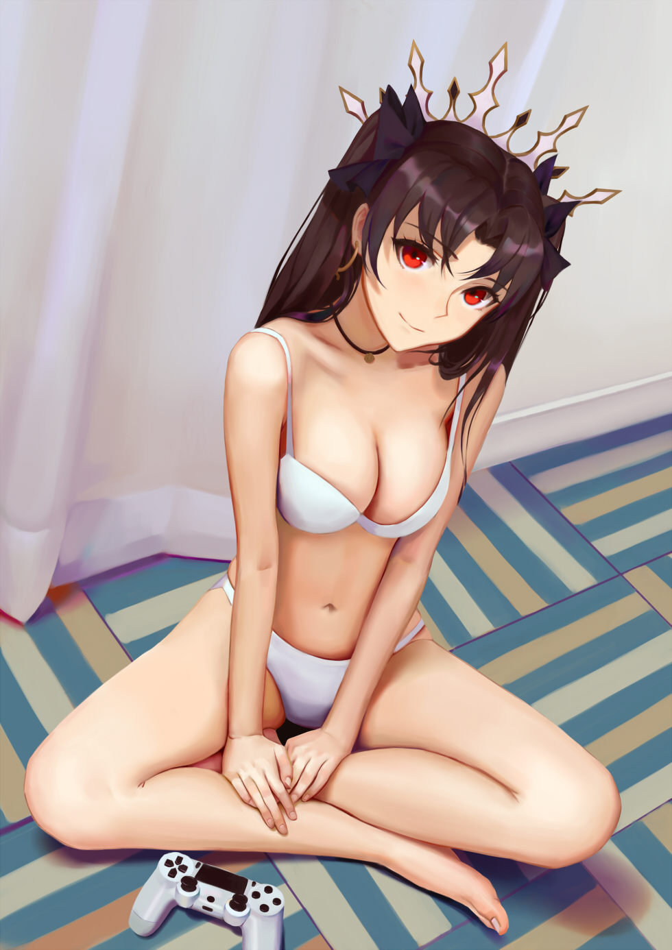 1girl bangs barefoot black_hair black_ribbon bra breasts cleavage closed_mouth commentary_request curtains earrings fate/grand_order fate_(series) hair_ribbon highres hoop_earrings indian_style indoors ishtar_(fate/grand_order) jewelry kamikakushi_no_ocarino medium_breasts navel necklace on_floor panties parted_bangs playstation_controller red_eyes ribbon sitting smile solo tiara tohsaka_rin two_side_up underwear underwear_only white_bra white_panties