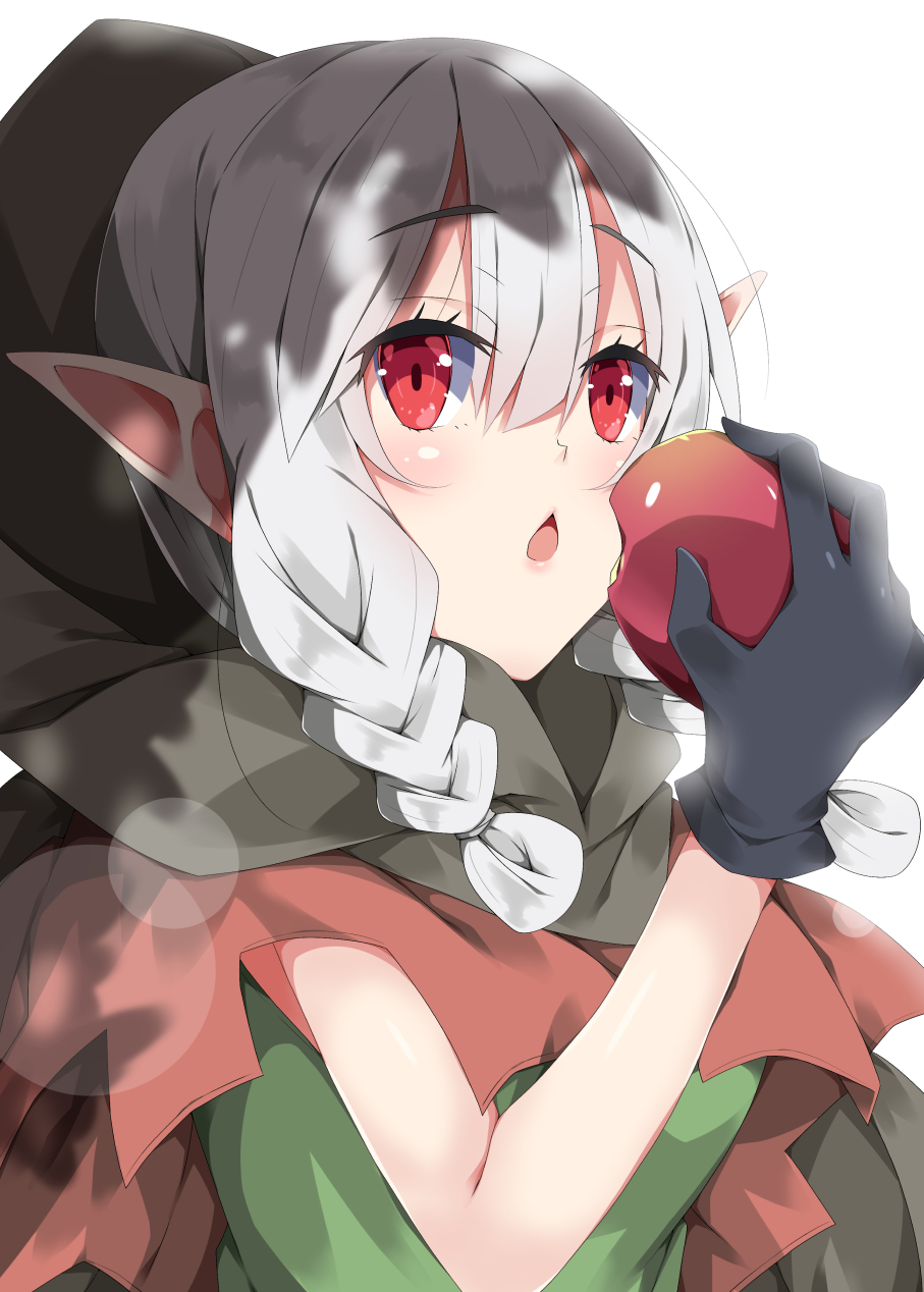 1girl apple bangs black_gloves blush braid cape chestnut_mouth commentary_request dragon's_crown elf elf_(dragon's_crown) eyebrows_visible_through_hair food fruit gloves green_shirt grey_cape hair_between_eyes hand_up highres holding holding_food hood hood_down hooded_cape long_hair looking_away low_twintails milkpanda open_mouth pointy_ears red_apple red_eyes shirt silver_hair simple_background sleeveless sleeveless_shirt solo twin_braids twintails white_background