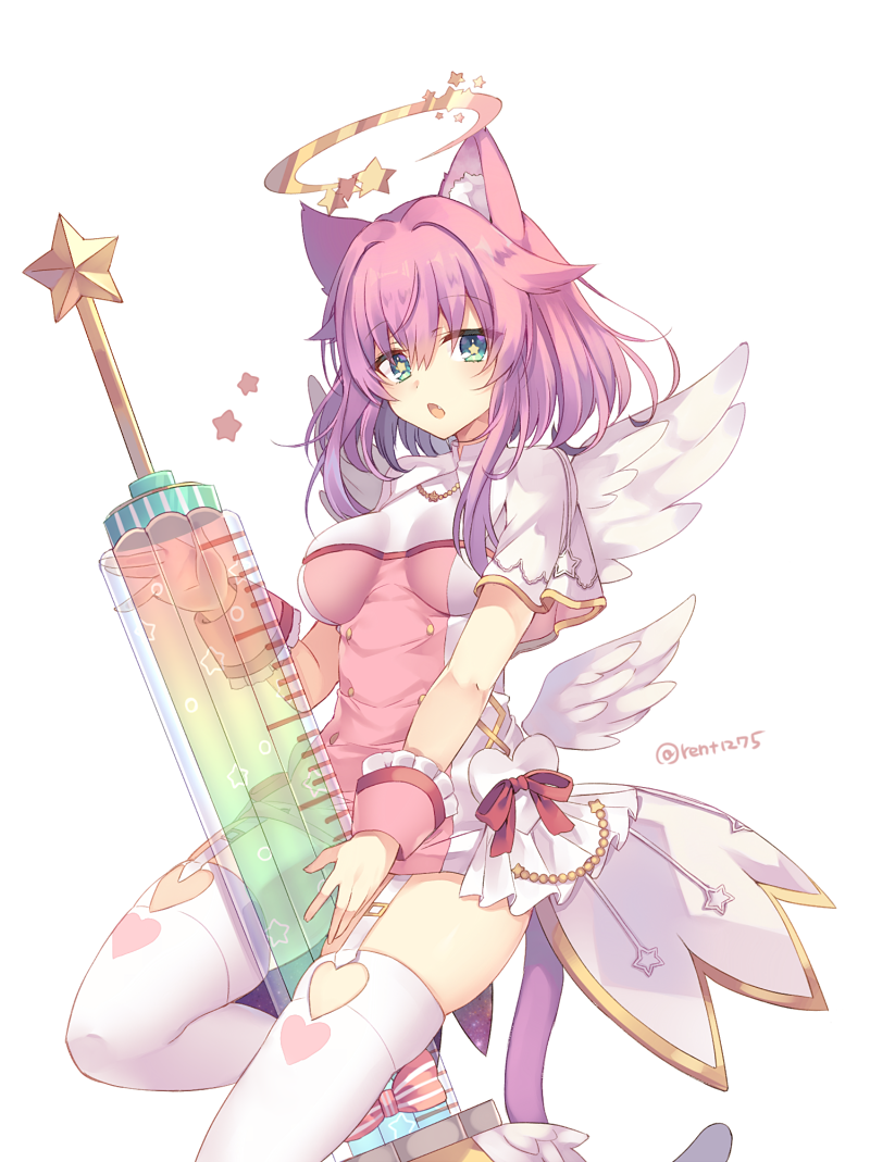 +_+ 1girl :o animal_ears aqua_eyes bow cat_ears cat_tail character_request dress fang garter_straps halo heart heart_print large_syringe looking_at_viewer needle nurse open_mouth oversized_object pink_bow pink_dress pink_hair red_bow rento_(rukeai) shironeko_project short_dress short_hair sidelocks simple_background solo star striped striped_bow syringe tail thigh-highs twitter_username white_background white_bow white_dress white_legwear wings