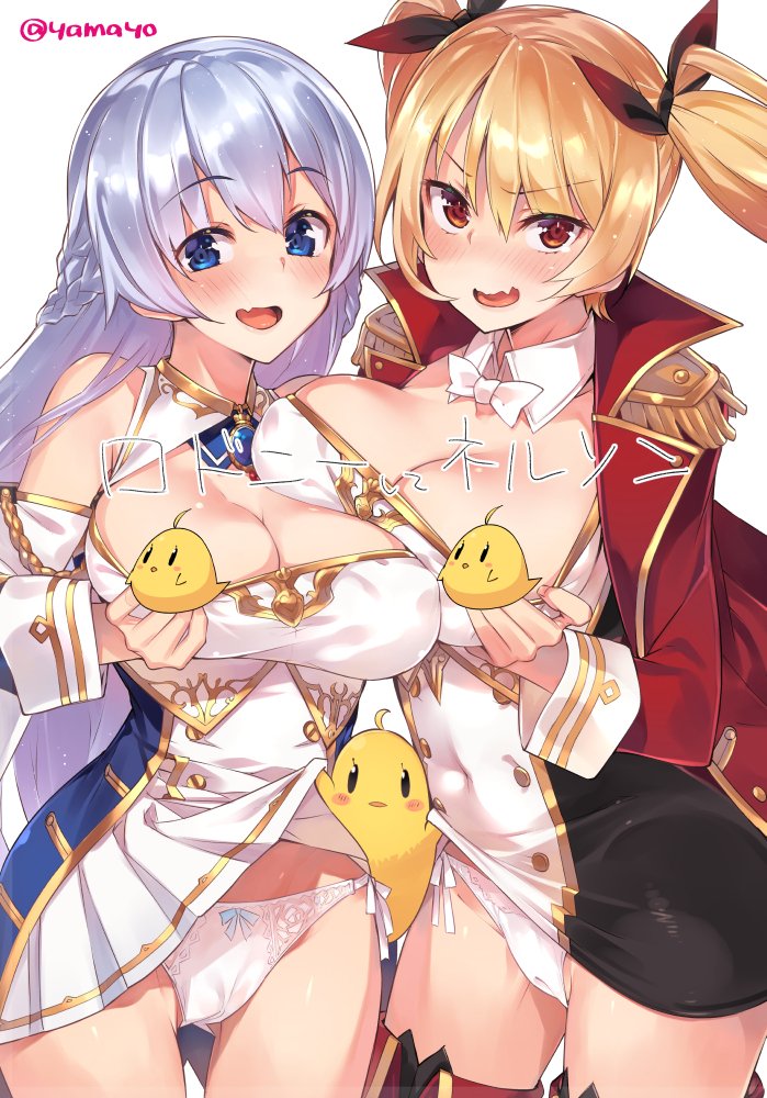 2girls amulet azur_lane bare_shoulders bikini bird blonde_hair blue_eyes blush bow bowtie breasts chick cleavage cleavage_cutout coat covered_navel detached_sleeves dress dress_lift epaulettes erect_nipples fang gluteal_fold hair_ribbon large_breasts multiple_girls nelson_(azur_lane) open_mouth panties red_eyes ribbon rodney_(azur_lane) short_dress side-tie_bikini silver_hair simple_background super_zombie swimsuit thigh-highs twintails twitter_username underwear wavy_mouth white_background