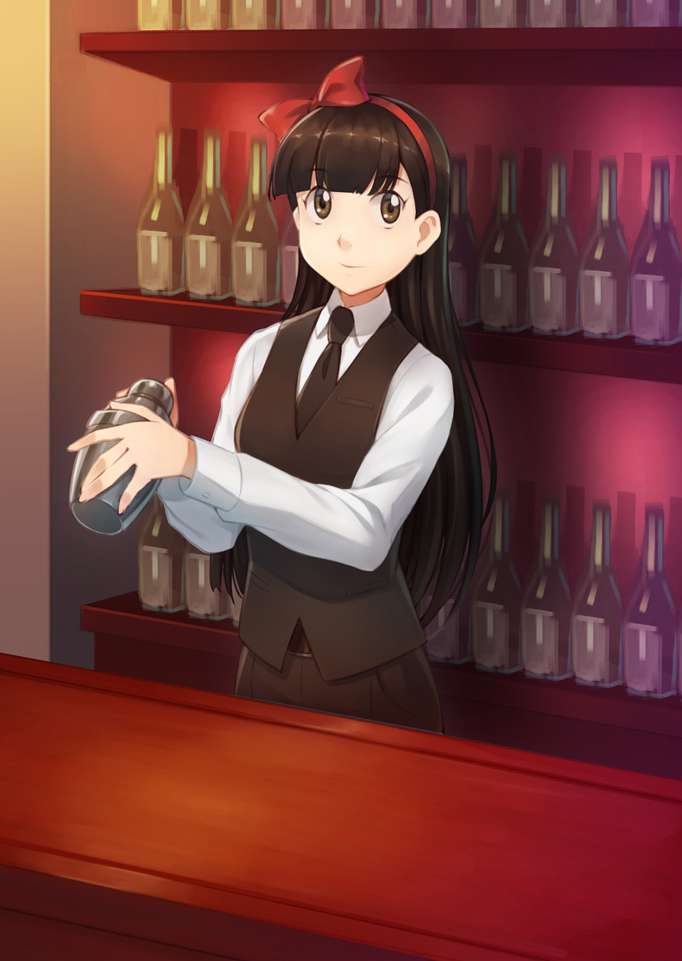 1girl bangs bar bartender black_hair black_neckwear black_vest blunt_bangs bow brown_eyes hair_bow hairband hinamatsuri_(manga) inside knightzzz long_hair looking_at_viewer mishima_hitomi necktie solo standing very_long_hair vest