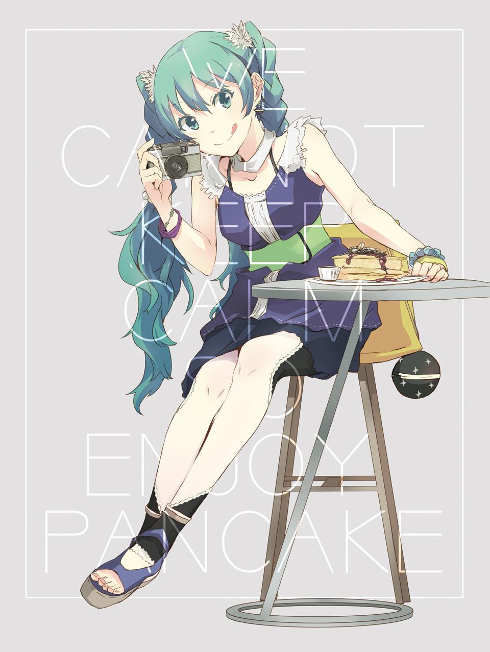 1girl :q aqua_eyes aqua_hair bag bracelet braid camera chair detached_collar earrings english fashion flower food grey_background hair_flower hair_ornament handbag hatsune_miku highres holding holding_camera jewelry keep_calm_and_carry_on long_hair pancake plate sandals sash sitting skirt solo table tongue tongue_out twintails vocaloid yoshito