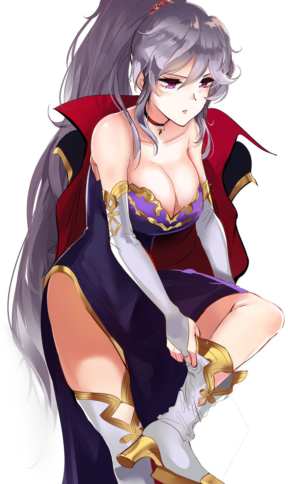 1girl bare_shoulders bent_over boots breasts cape choker cleavage closed_mouth collarbone commentary detached_sleeves dress elbow_sleeve facing_viewer fire_emblem fire_emblem:_seisen_no_keifu fire_emblem_heroes foot_up gloves hair_between_eyes high_heel_boots high_heels high_ponytail highres ishtar_(fire_emblem) jacket_on_shoulders jewelry knee_boots large_breasts necklace ormille ponytail purple_dress putting_on_boots silver_hair standing strapless strapless_dress thigh-highs thigh_boots thighs violet_eyes white_footwear white_gloves