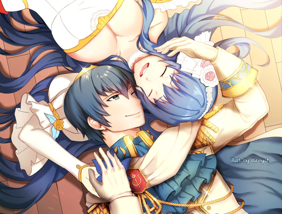 1boy 1girl bare_shoulders blue_eyes blue_hair blush boots bouquet bridal_veil bride couple dress elbow_gloves fire_emblem fire_emblem:_mystery_of_the_emblem fire_emblem_heroes flower formal gloves groom jewelry long_hair marth necklace open_mouth pegasus_knight sheeda short_hair smile suit veil wedding wedding_dress white_dress white_gloves work_in_progress