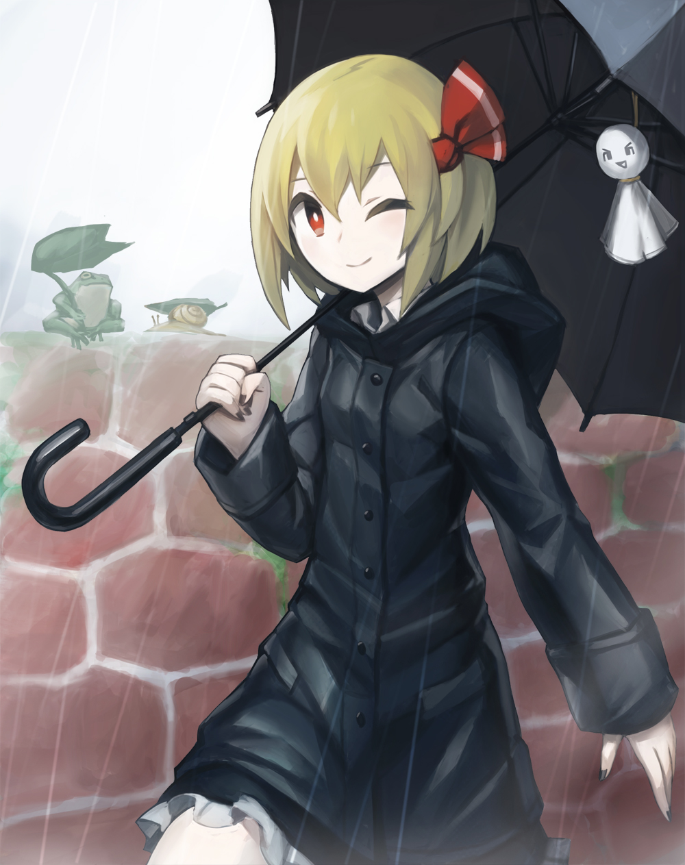 1girl ;) bangs black_nails black_umbrella blonde_hair clouds cloudy_sky commentary_request cowboy_shot frog hair_between_eyes hair_ribbon highres holding holding_umbrella leaf_umbrella looking_at_viewer nail_polish one_eye_closed open_hand rain raincoat red_eyes ribbon rumia short_hair sky smile snail solo spark621 stone_wall teruterubouzu touhou umbrella wall