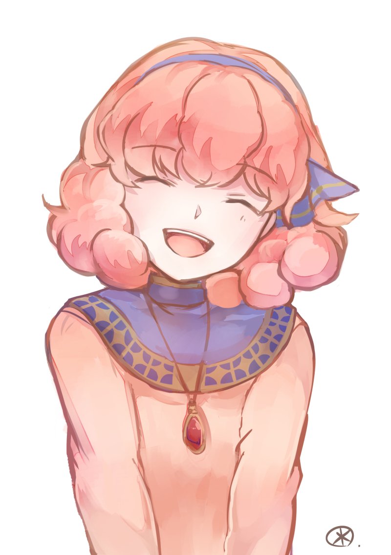 1girl bangs closed_eyes curly_hair dress eyebrows_visible_through_hair fire_emblem fire_emblem_echoes:_mou_hitori_no_eiyuuou hairband jenny_(fire_emblem) jewelry long_sleeves necklace open_mouth pink_hair short_hair simple_background smile solo upper_body white_background yukimiyuki