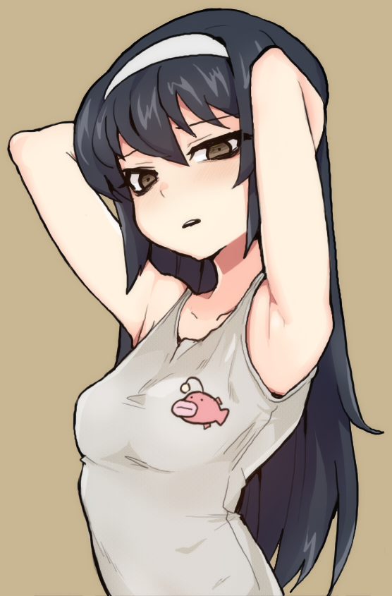 1girl armpits arms_up black_hair breasts brown_background brown_eyes empty_eyes gesugao girls_und_panzer glaring hairband jorin long_hair looking_at_viewer parted_lips reizei_mako simple_background small_breasts solo