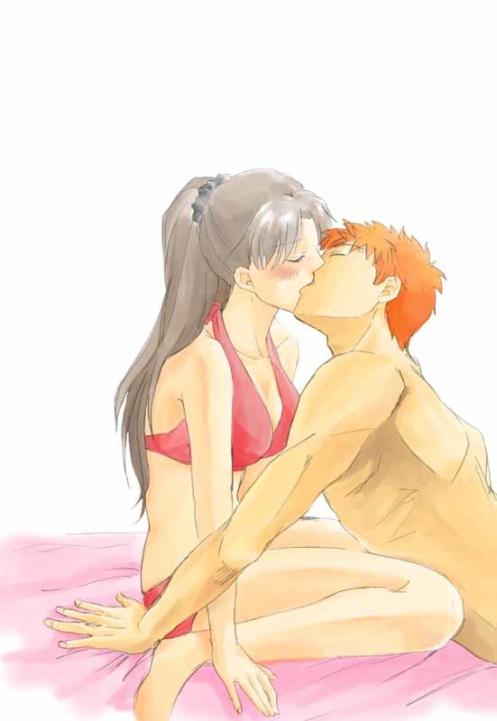 1boy 1girl beach bikini black_hair blush closed_eyes couple emiya_shirou fate/stay_night fate_(series) female_swimwear kiss kissing love male_swimwear mizuhiko_(pixiv_id_8270736) orange_hair ponytail shirtless summer swim_trunks swimsuit tohsaka_rin