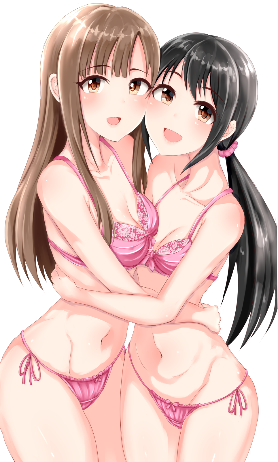 2girls asymmetrical_docking bikini black_hair bra breast_press brown_eyes brown_hair cheek-to-cheek cowboy_shot frilled_bikini frilled_bra frills highres idolmaster idolmaster_cinderella_girls long_hair low_twintails mizumoto_yukari multiple_girls nakano_yuka open_mouth panties pink_bikini pink_bra pink_panties shirushiru_(saitou888) side-tie_bikini side-tie_panties simple_background smile standing swimsuit twintails underwear white_background