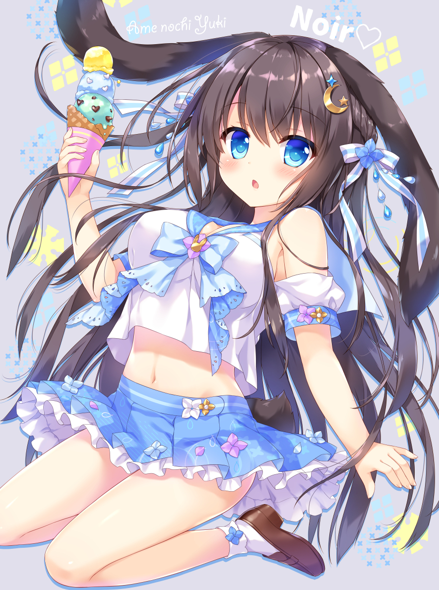 1girl ameto_yuki animal_ears arm_up artist_name bangs bare_shoulders blue_bow blue_eyes blue_sailor_collar blue_skirt blush bobby_socks bow breasts brown_footwear brown_hair bunny_girl bunny_tail cleavage commentary_request crescent crescent_hair_ornament eyebrows_visible_through_hair fingernails floppy_ears flower food hair_between_eyes hair_bow hair_ornament heart holding holding_food hydrangea ice_cream ice_cream_cone large_breasts loafers long_hair looking_at_viewer navel original parted_lips pleated_skirt puffy_short_sleeves puffy_sleeves rabbit_ears sailor_collar school_uniform serafuku shirt shoes short_sleeves shoulder_cutout skirt socks solo sparkle striped striped_bow tail triple_scoop very_long_hair water_drop white_legwear white_shirt