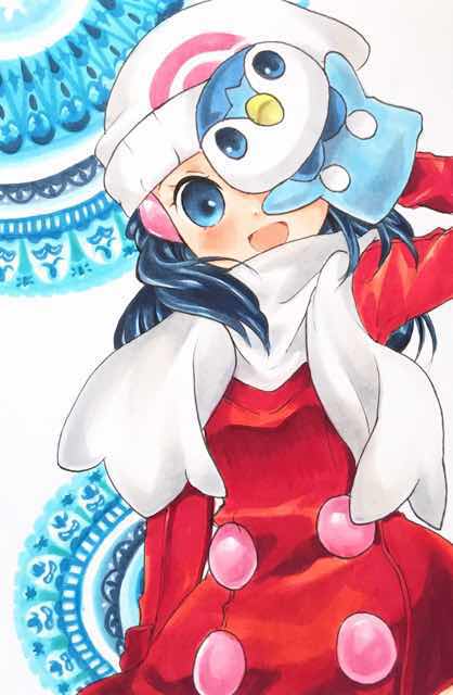 1girl :d blue_background blue_eyes blue_hair blush coat covering_one_eye eyelashes gen_4_pokemon hand_puppet happy hikari_(pokemon) long_hair long_sleeves looking_at_viewer marker_(medium) open_mouth piplup pokemon pokemon_(game) pokemon_dppt pokemon_platinum puppet scarf smile solo soma_somari traditional_media upper_body white_background white_scarf winter_clothes