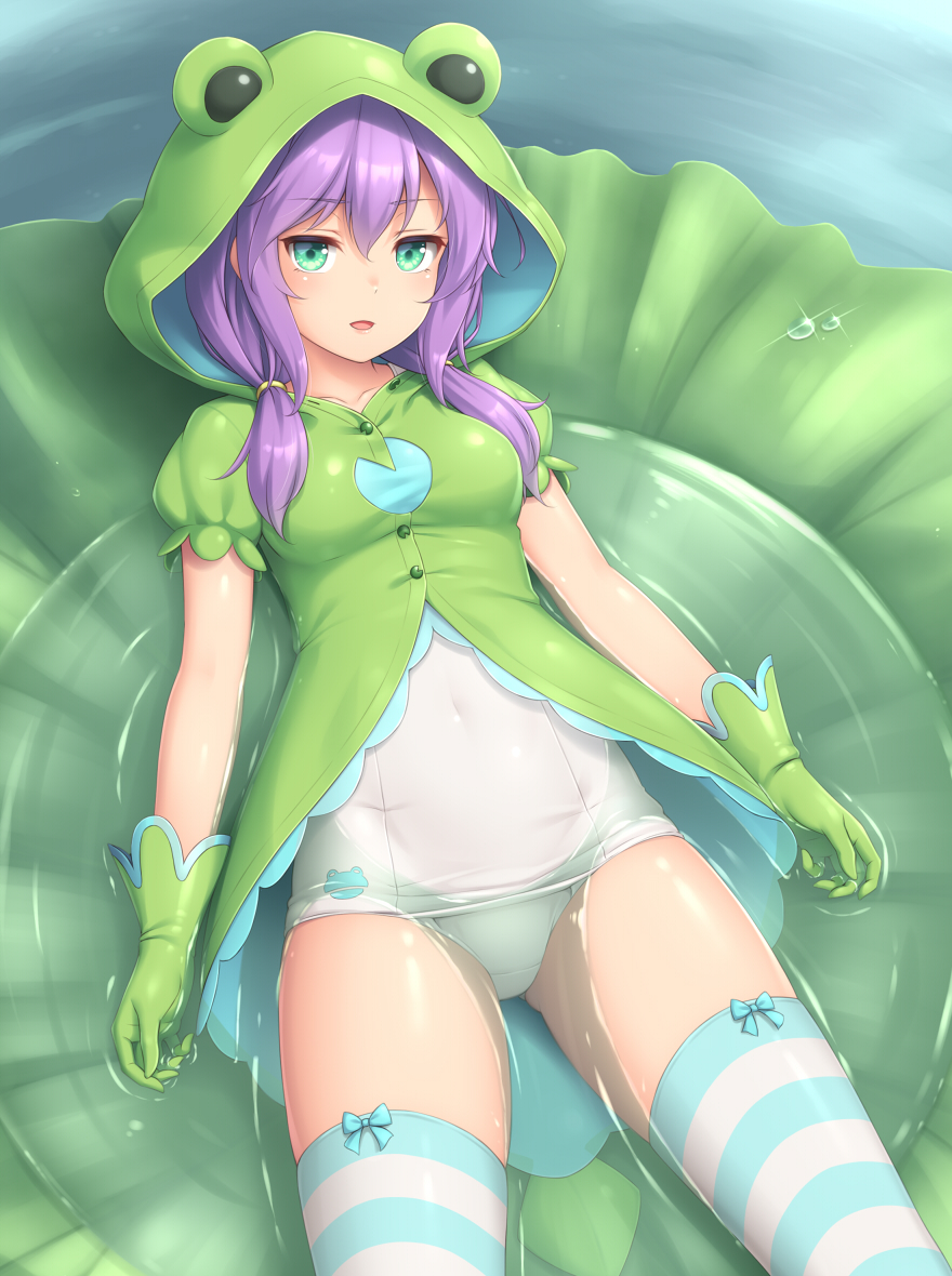 1girl animal_hood aqua_eyes bangs blush commentary_request covered_navel gloves green_gloves hair_between_eyes hood long_hair looking_at_viewer lying on_back one-piece_swimsuit open_mouth original partially_submerged purple_hair sasaame solo striped striped_legwear swimsuit water white_swimsuit