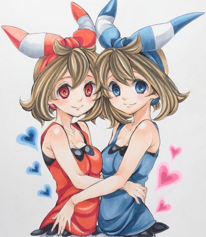 2girls alternate_color blue_eyes blue_ribbon blue_shirt breasts brown_hair cleavage closed_mouth collarbone dual_persona eyelashes hair_ornament hair_ribbon haruka_(pokemon) heart heart_background hug looking_at_viewer lowres marker_(medium) medium_breasts medium_hair multiple_girls pokemon pokemon_(game) pokemon_oras red_eyes red_ribbon red_shirt ribbon shirt sleeveless sleeveless_shirt smile soma_somari symmetrical_pose traditional_media upper_body white_background