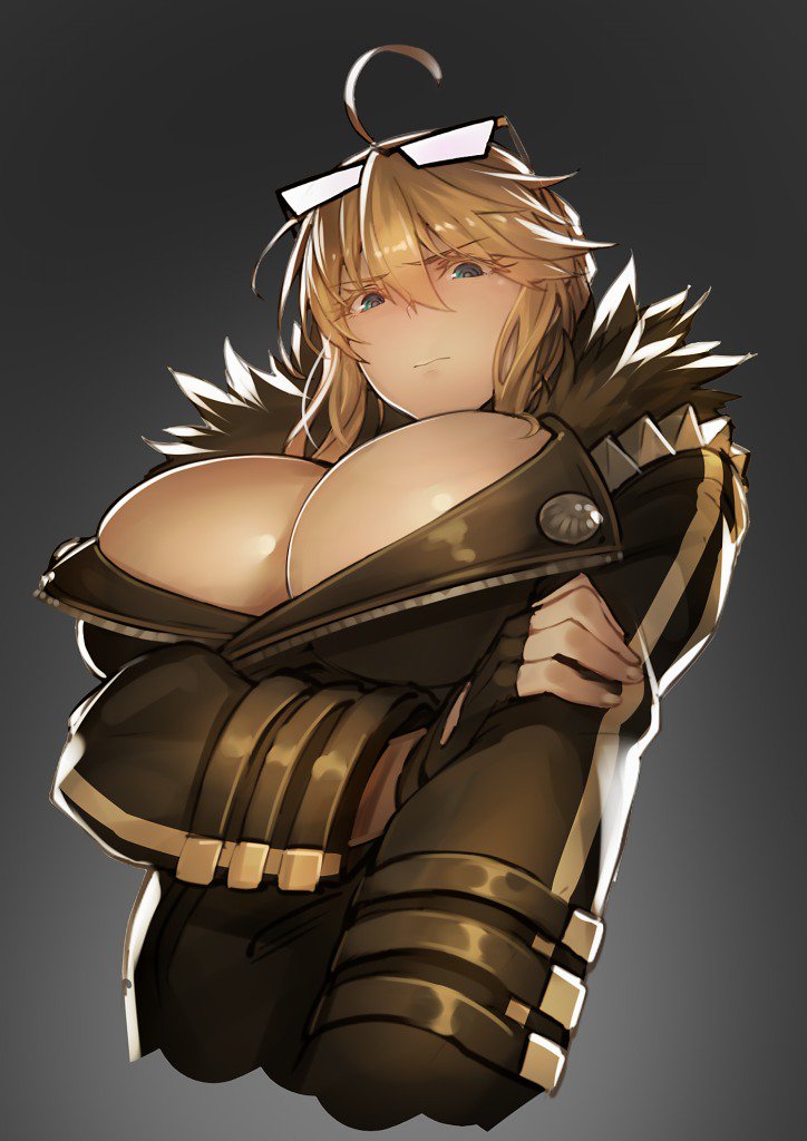 1girl ahoge arm_grab artoria_pendragon_(all) artoria_pendragon_(lancer) bangs black_gloves blonde_hair breasts buttons cleavage cosplay eyewear_on_head fate/grand_order fate_(series) fingerless_gloves gloves gradient gradient_background huge_breasts jacket leather leather_jacket sakata_kintoki_(fate/grand_order) sakata_kintoki_rider_(fate/grand_order) sakata_kintoki_rider_(fate/grand_order)_(cosplay) short_hair_with_long_locks simple_background solo sunglasses swept_bangs tef