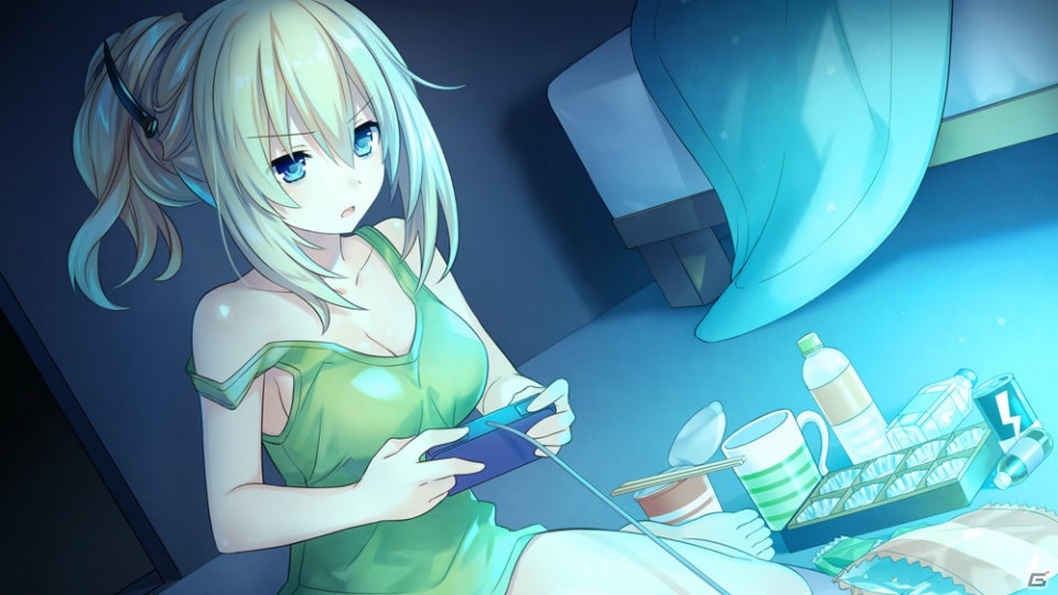 1girl alternate_hairstyle bare_shoulders blonde_hair blue_eyes brave_neptune breasts camisole cleavage controller dutch_angle game_controller indoors large_breasts long_hair neptune_(series) off_shoulder official_art open_mouth playing_games ponytail sitting solo strap_slip television tsunako vert video_game watermark