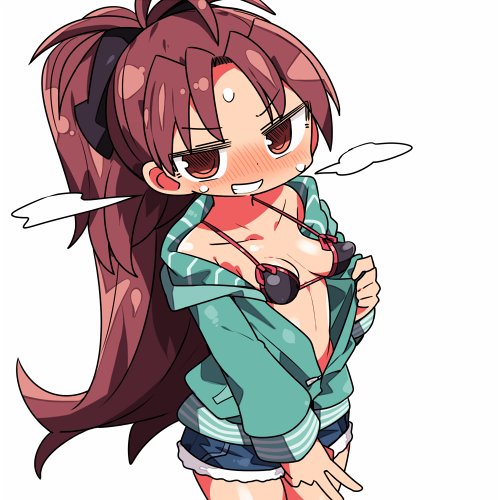 1girl bangs black_bow black_bra blue_shorts blush bow bra breasts collarbone commentary_request eyebrows_visible_through_hair green_jacket grin hair_bow high_ponytail jacket kanikama long_hair long_sleeves looking_at_viewer lowres mahou_shoujo_madoka_magica nose_blush open_clothes open_jacket parted_bangs ponytail red_eyes redhead sakura_kyouko short_shorts shorts simple_background small_breasts smile solo sweat underwear v very_long_hair white_background