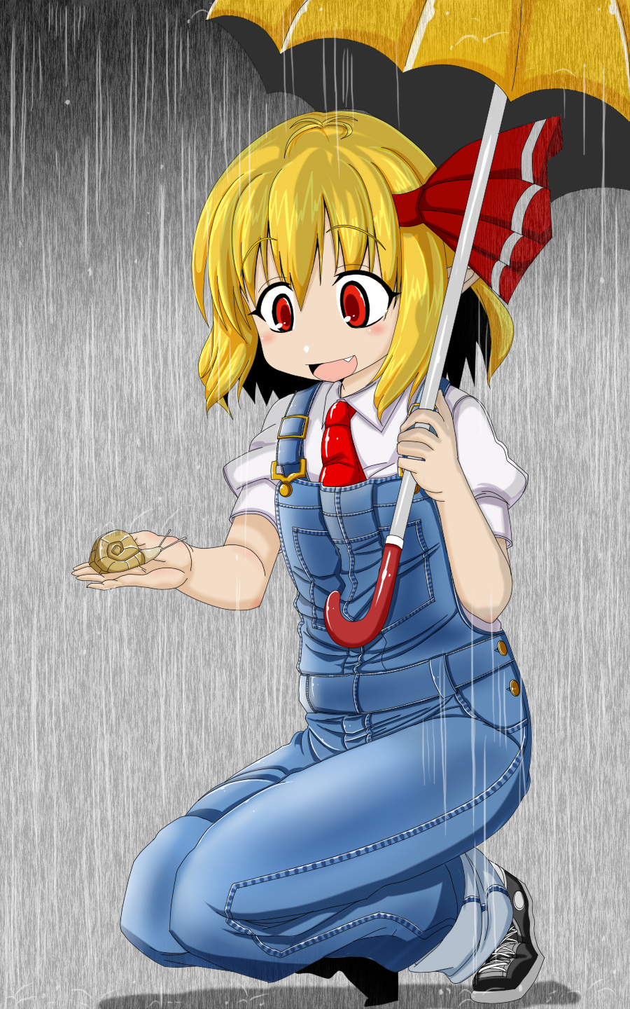 1girl black_footwear blonde_hair bow denim fang hair_bow highres jeans mutsunari_(crim0718) necktie overalls pants rain red_eyes rumia shoes snail sneakers touhou umbrella