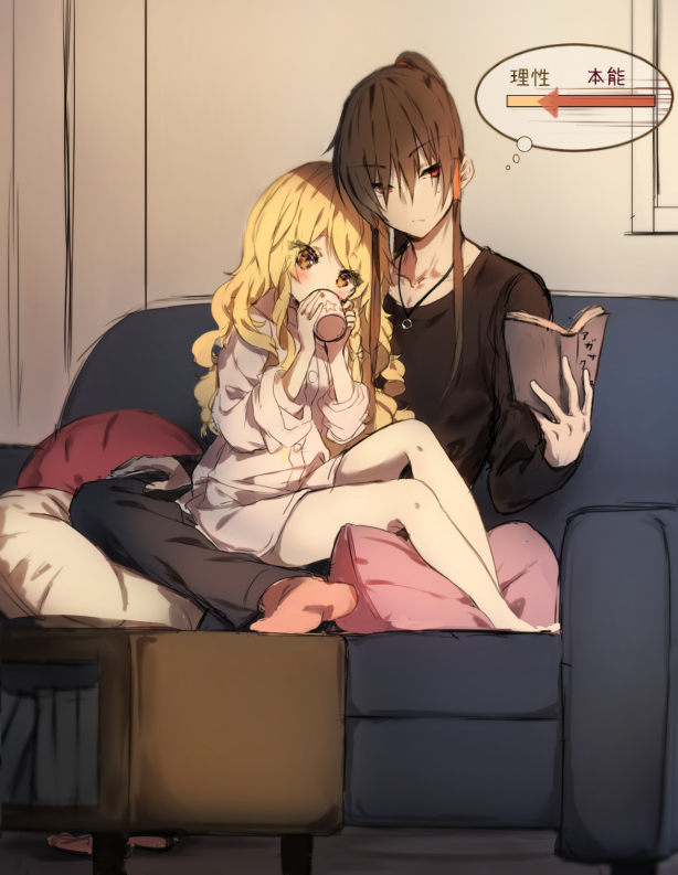 1boy 1girl alternate_costume bare_legs barefoot black_pants black_shirt blonde_hair book brown_hair collarbone commentary_request couch cup drinking full_body genderswap genderswap_(ftm) hair_between_eyes hair_tubes hakurei_reimu hands_up head_tilt holding holding_book holding_cup indoors jewelry kirisame_marisa long_hair long_sleeves multiple_girls no_hat no_headwear no_pants no_shoes older pants pendant pillow pink_legwear piyokichi ponytail reading red_eyes shirt sidelocks sitting sitting_on_lap sitting_on_person socks thought_bubble touhou translated wavy_hair yellow_eyes