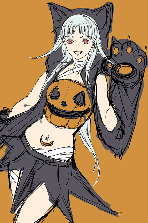 1girl animal_costume breasts commentary_request gensou_suikoden gensou_suikogaiden hairband halloween long_hair midriff navel sierra_mikain sketch skirt solo tattoo vampire white_hair