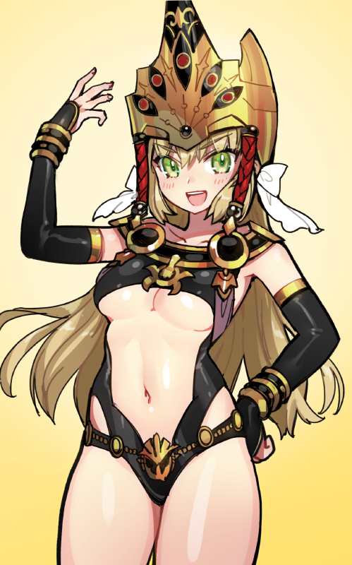 1girl bangs black_leotard blonde_hair blush breasts bridal_gauntlets center_opening chains cleavage collarbone cosplay detached_sleeves eyebrows_visible_through_hair fate/extra fate/grand_order fate_(series) gradient gradient_background green_eyes hand_on_hip hand_up helmet hips large_breasts leotard long_hair looking_at_viewer navel nero_claudius_(fate) nero_claudius_(fate)_(all) open_mouth revealing_clothes ribbon romulus_(fate/grand_order) romulus_(fate/grand_order)_(cosplay) simple_background smile solo thighs under_boob waist white_background white_ribbon yellow_background yurizuka_(sergeant_heart)