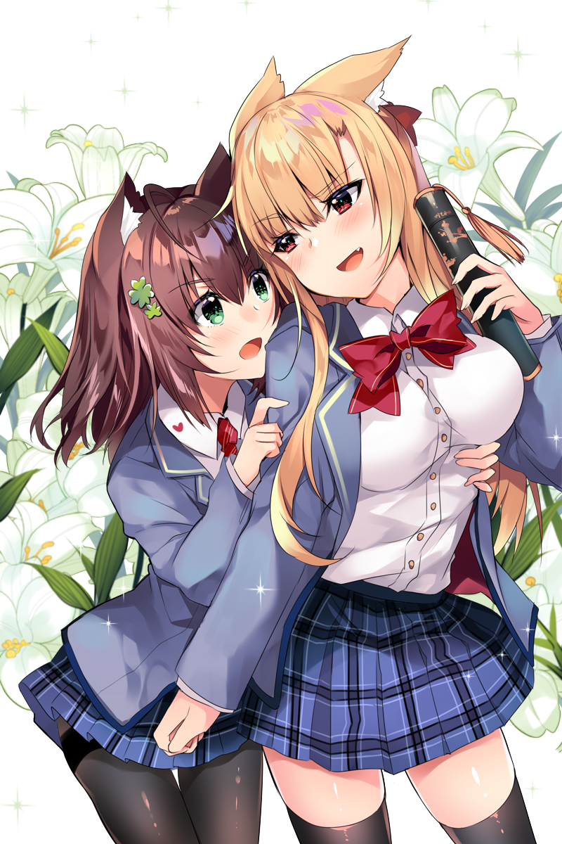 2girls animal_ears bangs black_legwear blazer blonde_hair blue_blazer blue_skirt blush breasts brown_hair clover_hair_ornament collared_shirt commentary_request dress_shirt eye_contact eyebrows_visible_through_hair fingernails flower four-leaf_clover_hair_ornament green_eyes hair_between_eyes hair_ornament head_tilt highres holding jacket large_breasts lily_(flower) long_hair long_sleeves looking_at_another multiple_girls open_blazer open_clothes open_jacket original pantyhose plaid plaid_skirt pleated_skirt red_eyes school_uniform shirt skirt thigh-highs tube usagihime very_long_hair white_flower white_shirt yuri