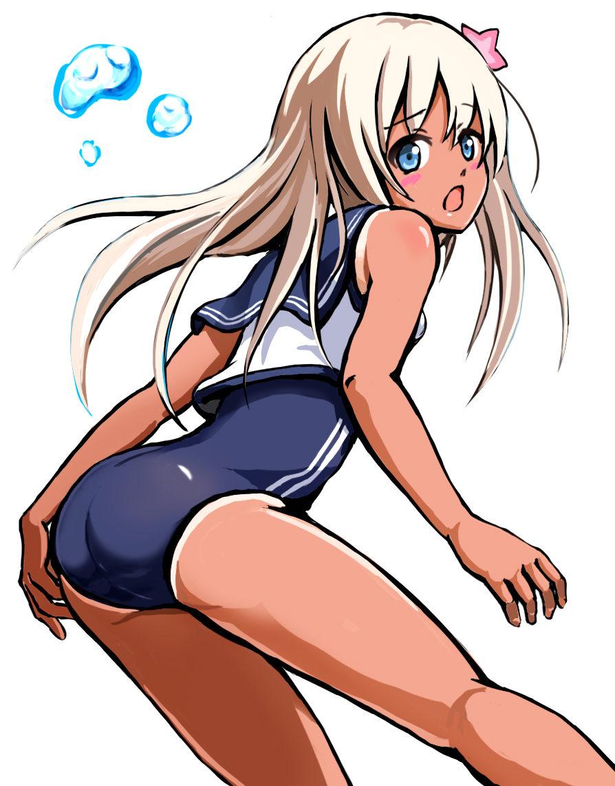 1girl blonde_hair blue_eyes blue_sailor_collar blue_swimsuit cowboy_shot crop_top flower hair_flower hair_ornament kantai_collection kuroganeruto looking_at_viewer one-piece_swimsuit one-piece_tan ro-500_(kantai_collection) sailor_collar school_swimsuit simple_background solo swimsuit swimsuit_under_clothes tan tanline white_background