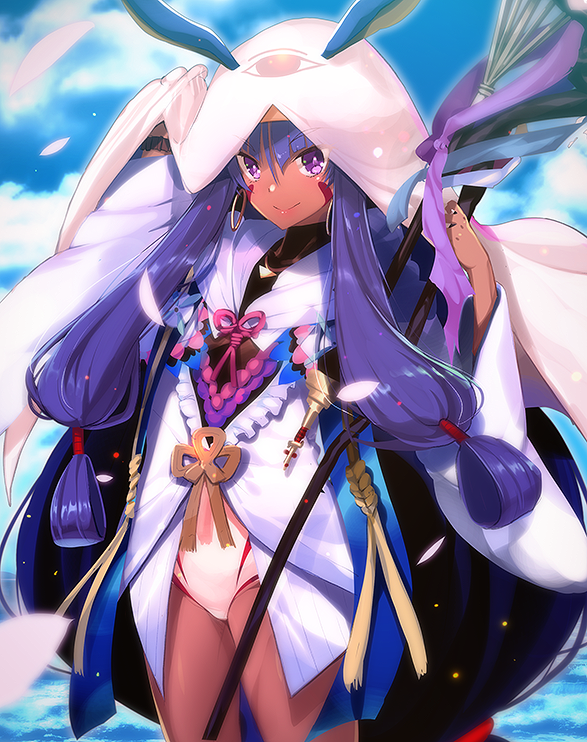 1girl akahito animal_ears bangs blanket blue_sky blunt_bangs bracelet breasts cosplay dark_skin earrings eyebrows_visible_through_hair facepaint facial_mark fate/grand_order fate/stay_night fate_(series) hair_between_eyes hair_tubes hairband hands_up hood hoop_earrings jackal_ears jewelry long_hair long_sleeves looking_at_viewer low-tied_long_hair medjed medjed_(cosplay) merlin_(fate) merlin_(fate/stay_night) merlin_(fate/stay_night)_(cosplay) nitocris_(fate/grand_order) nitocris_(swimsuit_assassin)_(fate) ocean one-piece_swimsuit petals purple_hair robe sidelocks sky smile solo staff swimsuit swimsuit_under_clothes thighs very_long_hair violet_eyes white_robe white_swimsuit wide_sleeves