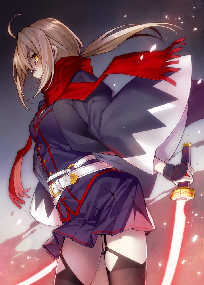 1girl ahoge artoria_pendragon_(all) breasts coat commentary_request covered_mouth dual_wielding energy_sword fate/grand_order fate_(series) garter_straps glasses holding holding_weapon kodama_yuu light_brown_hair looking_at_viewer low_ponytail medium_breasts multiple_belts mysterious_heroine_x_(alter) overcoat pince-nez pleated_skirt red_scarf scarf sideways_glance skirt solo sword thigh-highs weapon wide_sleeves yellow_eyes