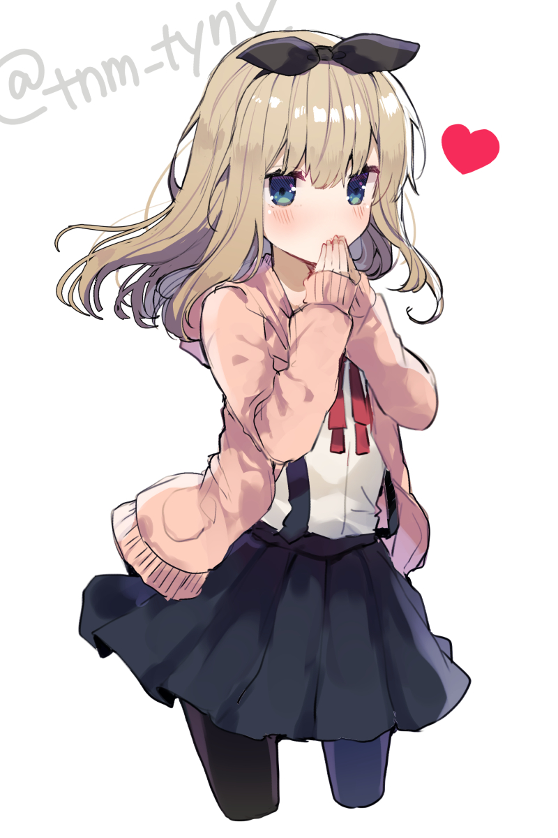 1girl bangs black_bow black_legwear black_skirt blonde_hair blush bow copyright_request cropped_legs hair_bow hairband hands_up heart highres ikeuchi_tanuma jacket long_hair long_sleeves looking_at_viewer neck_ribbon own_hands_together pantyhose pleated_skirt red_neckwear red_ribbon ribbon shirt skirt sleeves_past_wrists solo standing suspender_skirt suspenders twitter_username white_shirt