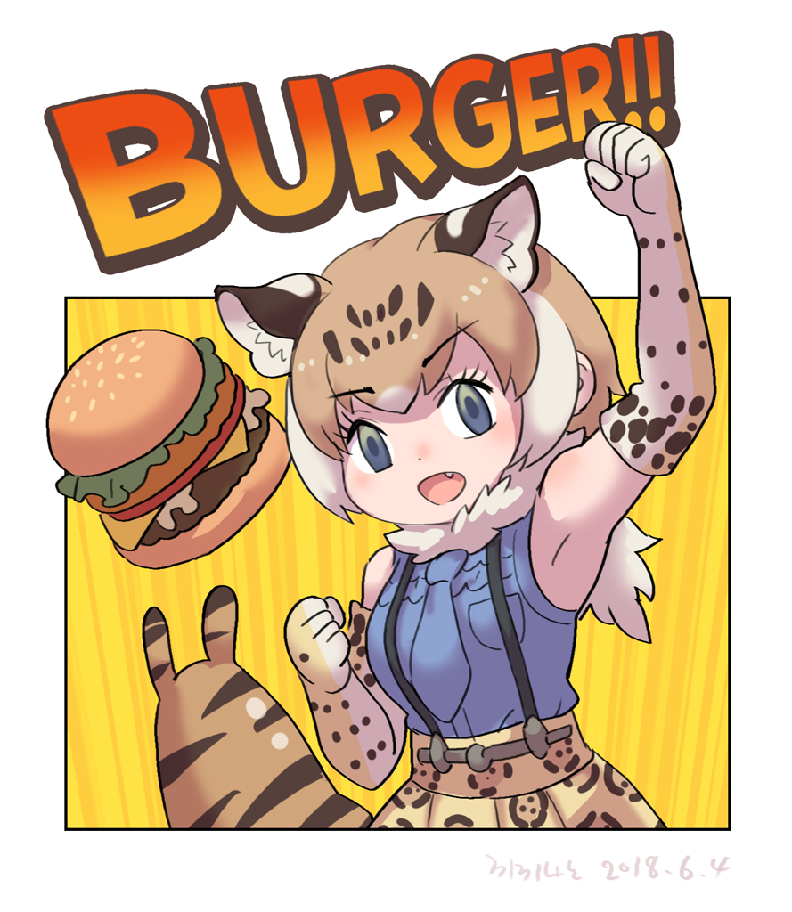 :d armpits bare_shoulders blue_eyes blue_neckwear blue_shirt character_request commentary_request dated dot_nose elbow_gloves english eyebrows_visible_through_hair fang food fur_collar gloves hamburger hand_up high-waist_skirt kemono_friends light_brown_hair looking_at_viewer multicolored_hair necktie open_mouth orange_skirt roonhee shirt short_hair signature skirt sleeveless sleeveless_shirt smile streaked_hair suspender_skirt suspenders yellow_background