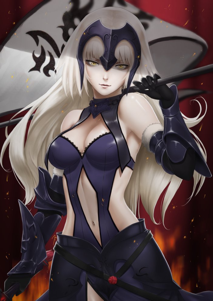1girl armor armored_dress bare_shoulders blonde_hair breasts chains cleavage closed_mouth commentary detached_collar elbow_gloves facing_viewer fate/grand_order fate_(series) faulds flag fur_trim gauntlets gloves headpiece holding holding_flag jeanne_d'arc_(alter)_(fate) jeanne_d'arc_(fate)_(all) long_hair looking_at_viewer medium_breasts navel navel_cutout silver_hair solo standing suikunart yellow_eyes