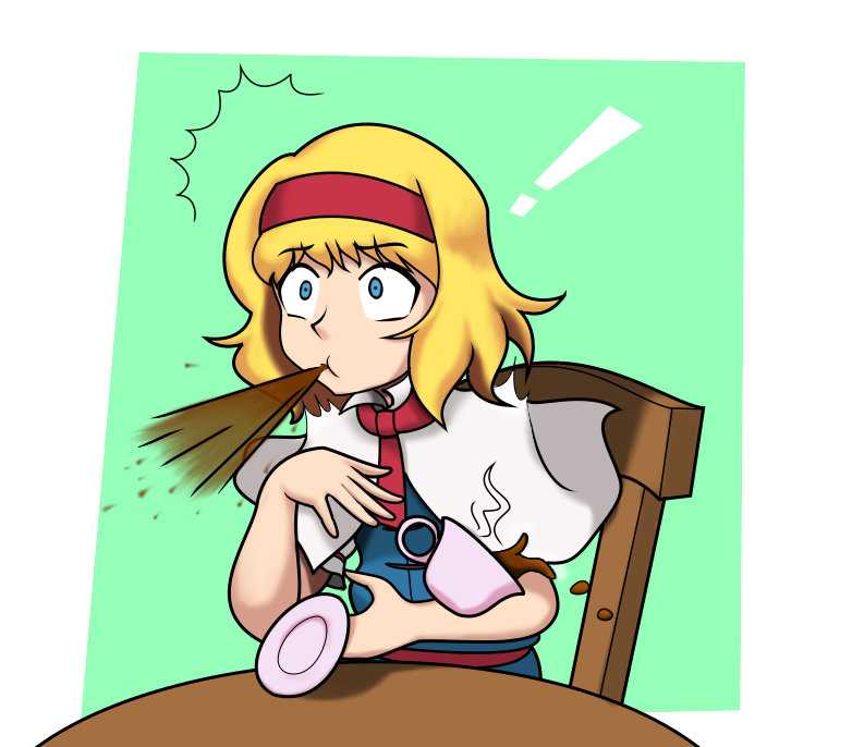 ! 1girl alice_margatroid blonde_hair blue_dress blue_eyes capelet chair constricted_pupils cup dress dropping eyebrows_visible_through_hair giantcavemushroom green_background hairband medium_hair necktie red_hairband red_neckwear saucer simple_background sitting solo spitting surprised table tea teacup touhou two-tone_background upper_body wide-eyed