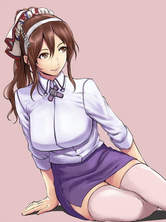 1girl alternate_legwear arm_support ashigara_(kantai_collection) breasts brown_eyes brown_hair closed_mouth collared_shirt commentary_request grey_background hair_ornament hairband ishii_hisao kantai_collection large_breasts long_hair long_sleeves looking_to_the_side miniskirt pink_legwear ponytail purple_skirt shirt simple_background sitting skirt smile solo thigh-highs white_shirt wing_collar yokozuwari zettai_ryouiki