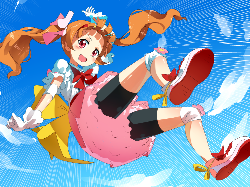 &gt;:d 1girl aisaki_emiru arm_up ayaki_ichigo bangs blunt_bangs blush bow brown_hair clouds cloudy_sky commentary_request dress elbow_pads floating_hair flower_ornament from_below gloves hair_bow hairband hugtto!_precure knee_pads long_hair precure puffy_short_sleeves puffy_sleeves red_eyes shiny shiny_hair shiny_skin shoes short_sleeves shorts shorts_under_skirt sky smile solo speed_lines twintails