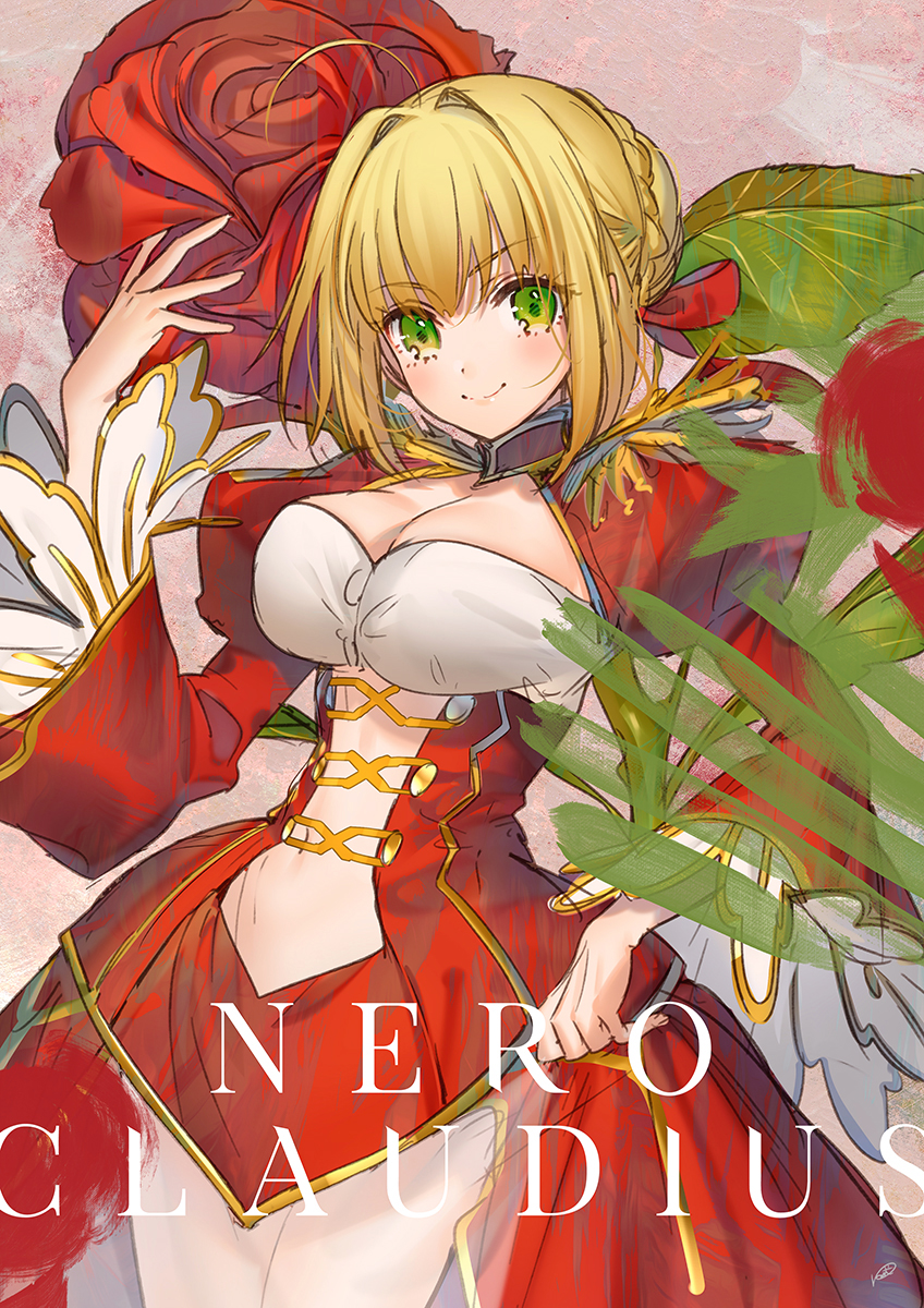 1girl blonde_hair braid breasts character_name cleavage closed_mouth dress fate/extra fate/grand_order fate_(series) flower french_braid green_eyes hair_bun hair_intakes highres juliet_sleeves kippu large_breasts long_sleeves looking_at_viewer nero_claudius_(fate) nero_claudius_(fate)_(all) puffy_sleeves red_dress red_flower red_rose rose see-through short_hair smile solo