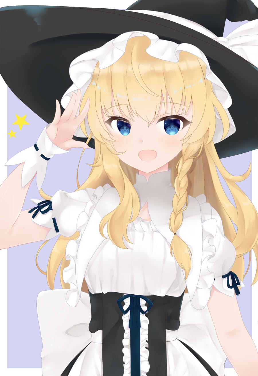 1girl alternate_eye_color apron arm_at_side arm_up bangs black_skirt blonde_hair blue_background blue_eyes braid detached_collar eyebrows_visible_through_hair hair_between_eyes hair_ribbon hand_to_forehead hat hat_ribbon highres kirisame_marisa long_hair looking_at_viewer open_mouth puffy_short_sleeves puffy_sleeves ribbon ribbon-trimmed_sleeves ribbon_trim shirt short_sleeves simple_background single_braid skirt solo star tosakaoil touhou tress_ribbon underbust upper_body waist_apron white_shirt witch_hat wrist_cuffs