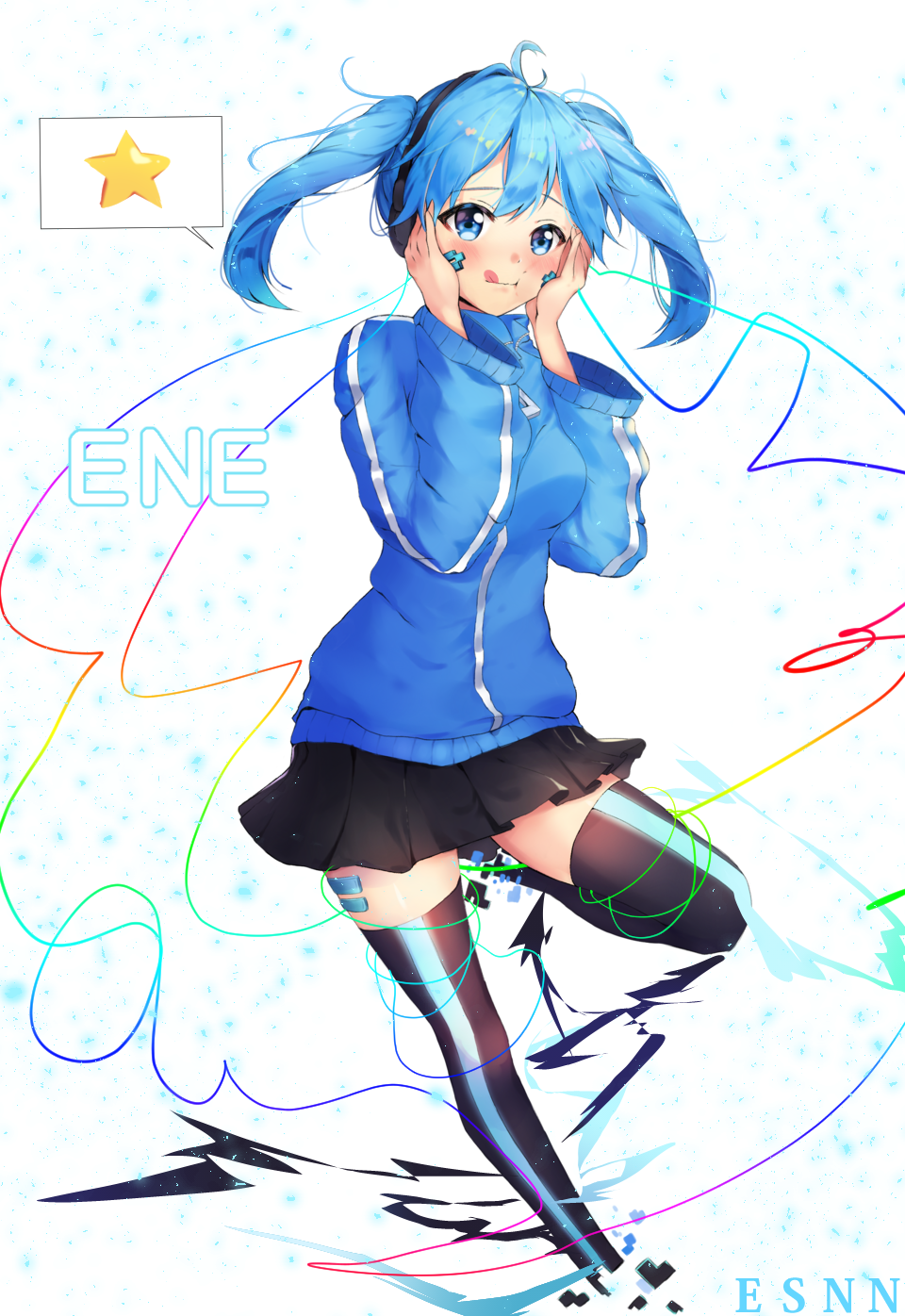 1girl :q :t black_skirt blue_eyes blue_hair blue_jacket blush breasts character_name digital_dissolve ene_(kagerou_project) esanano facial_mark full_body hands_on_own_cheeks hands_on_own_face headphones highres jacket kagerou_project long_sleeves medium_breasts medium_hair miniskirt one_leg_raised signature skirt smile solo spoken_star thigh-highs tongue tongue_out track_jacket twintails zipper